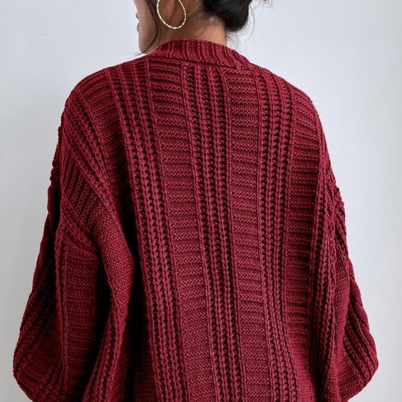 Burgundy Casual Womens Bishop Sleeve Button Up Cardigan - Picture 2 of 5